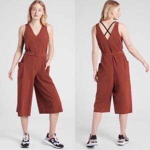 Athleta Sarasota Jumpsuit Medium Rust Burnt Orange V-Neck Belted Wide Leg Crop